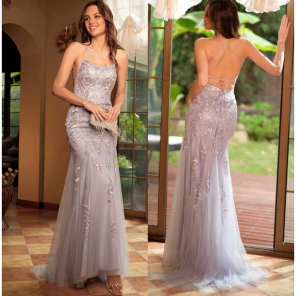 🔥Lavetir Lilac Romantic Lace Embroider Backless Mesh Mermaid Formal Party Dress - Picture 1 of 15